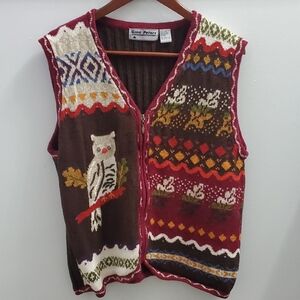 Gina Peters Vintage Owl Sweater Vest Size XL Brown And Burgundy